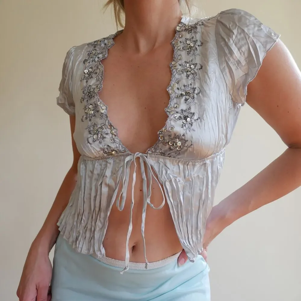 Y2k vintage crinkle top tie front beaded fairy-core M - Picture 1 of 10
